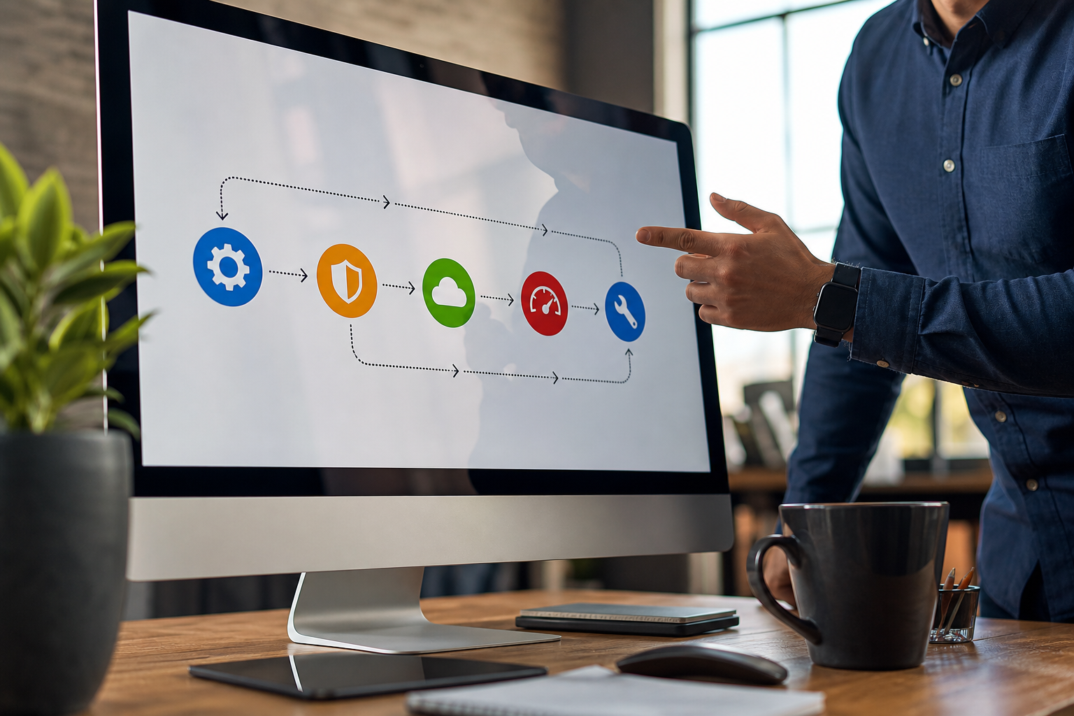 Team workflow diagram for daily WordPress maintenance: staging updates, security checks, backups, performance tuning, with daily status sent to the client