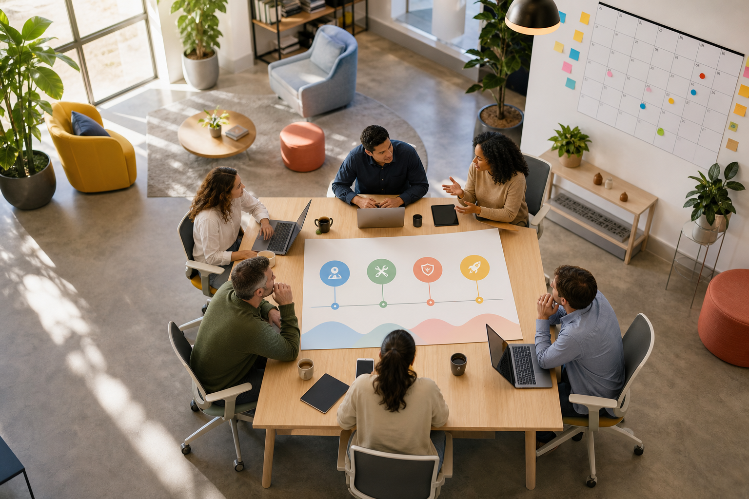 Onboarding flow infographic: audit → assign developer → set communication → first-week deliverables with checkmarks and calendar showing a few days timeline